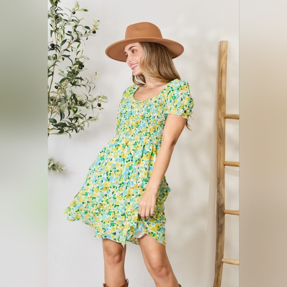 Double Take Designer Smocked Scoop Neck Flounce Sleeve Mini Dress - Picture 7 of 10